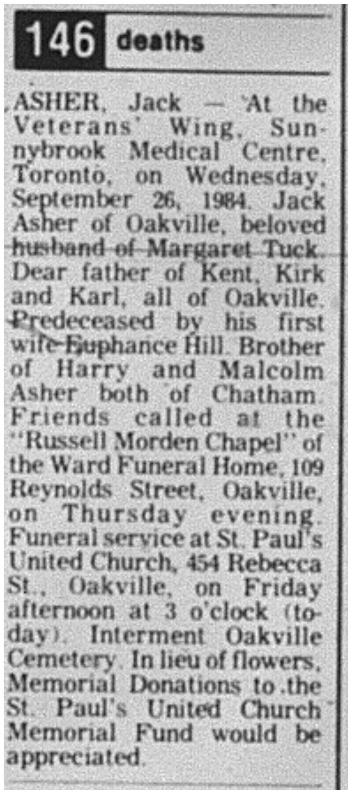 ASHER Jack death notice Oakville Beaver 28 Sept 1984 pg39
