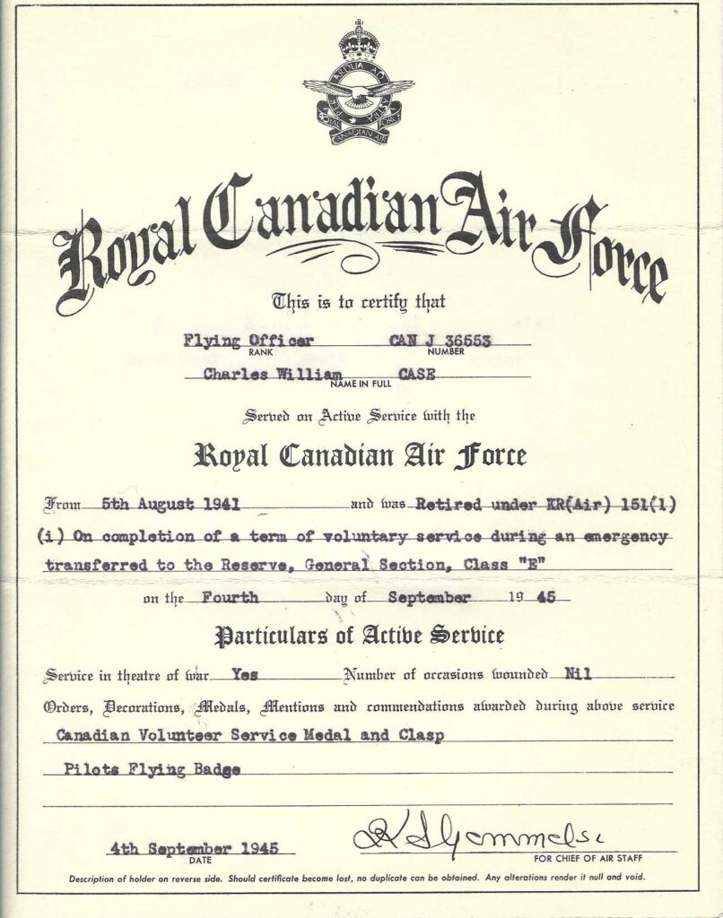Charles William Case RCAF Certificate of Active Service 1