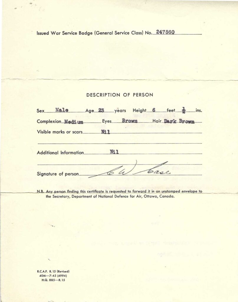 Charles WIlliam Case RCAF Certificate of Active Service 2