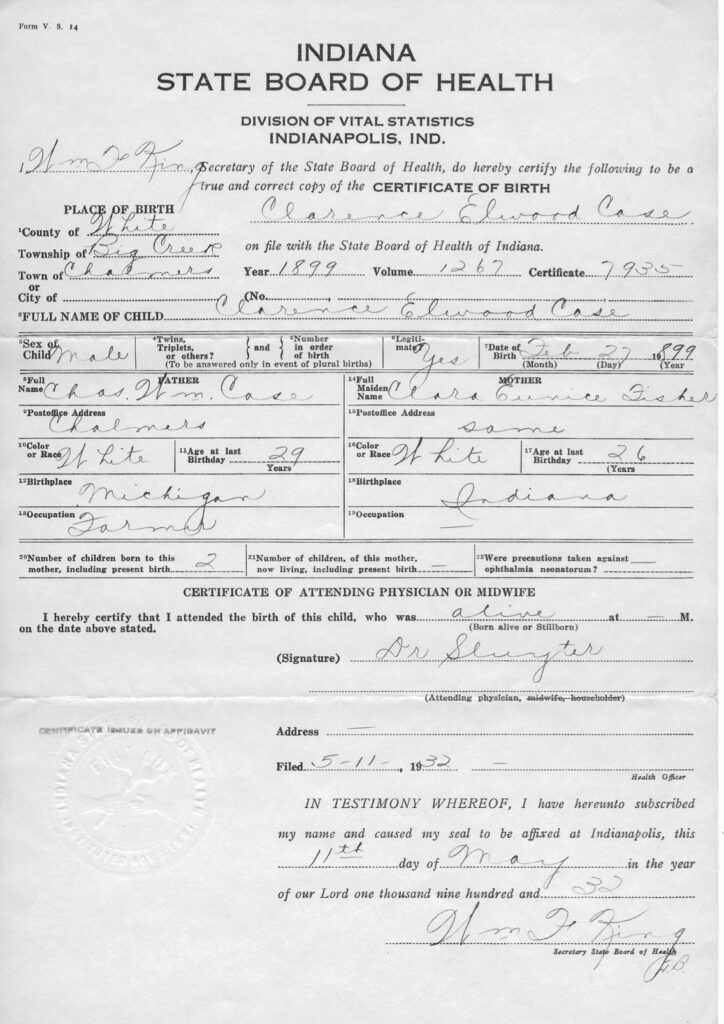 Clarence Case Birth Cert.